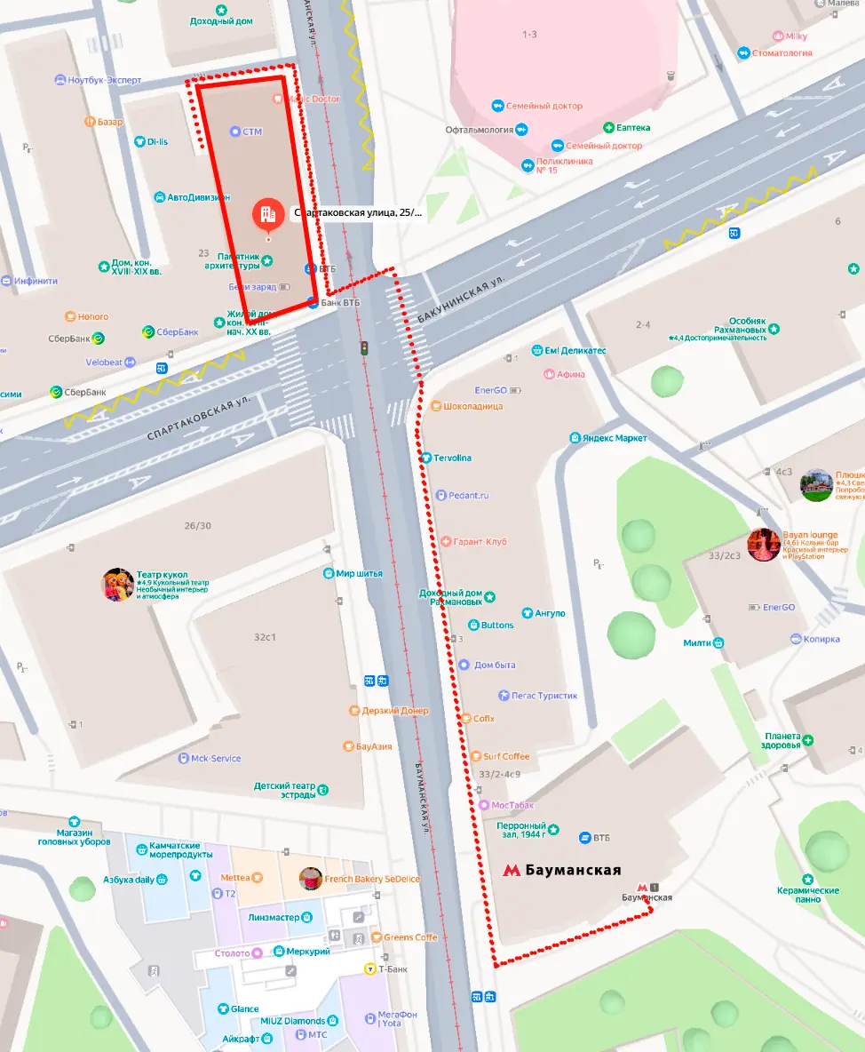 Маршрут от метро Бауманская до клиники на Спартаковской улице, 25/28с1
